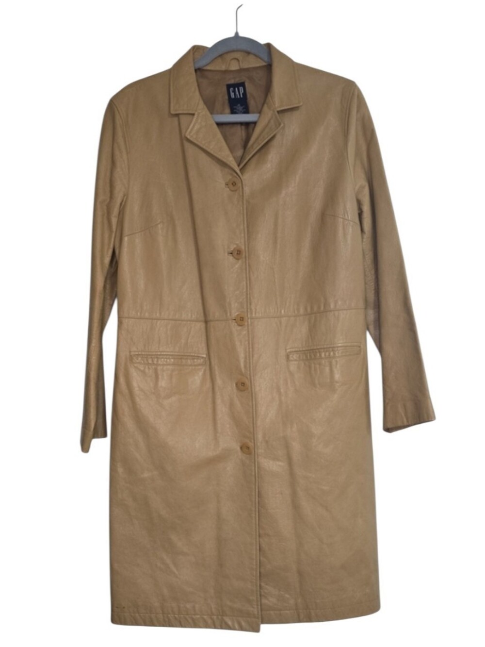 GAP Womens vintage Leather Long coat in camel tan brown classic Timeless 90s